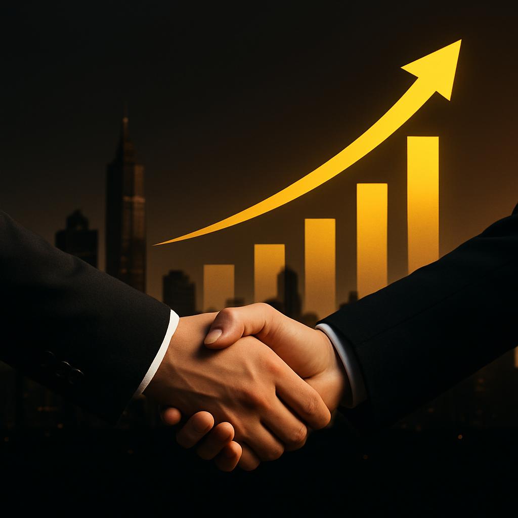 Two people shaking hands with a bar graph and yellow arrow in the background, representing business deal or agreement.