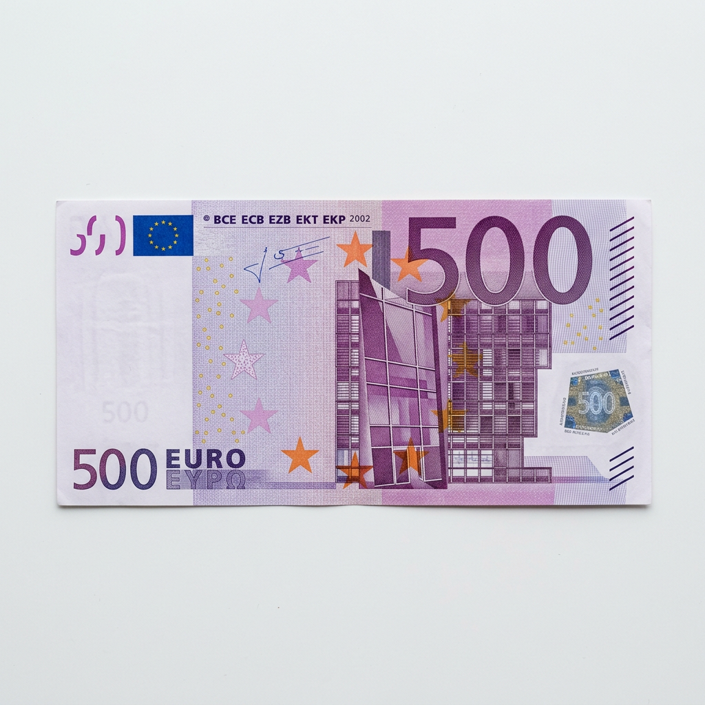 Purple €500 euro banknote displayed against a white background